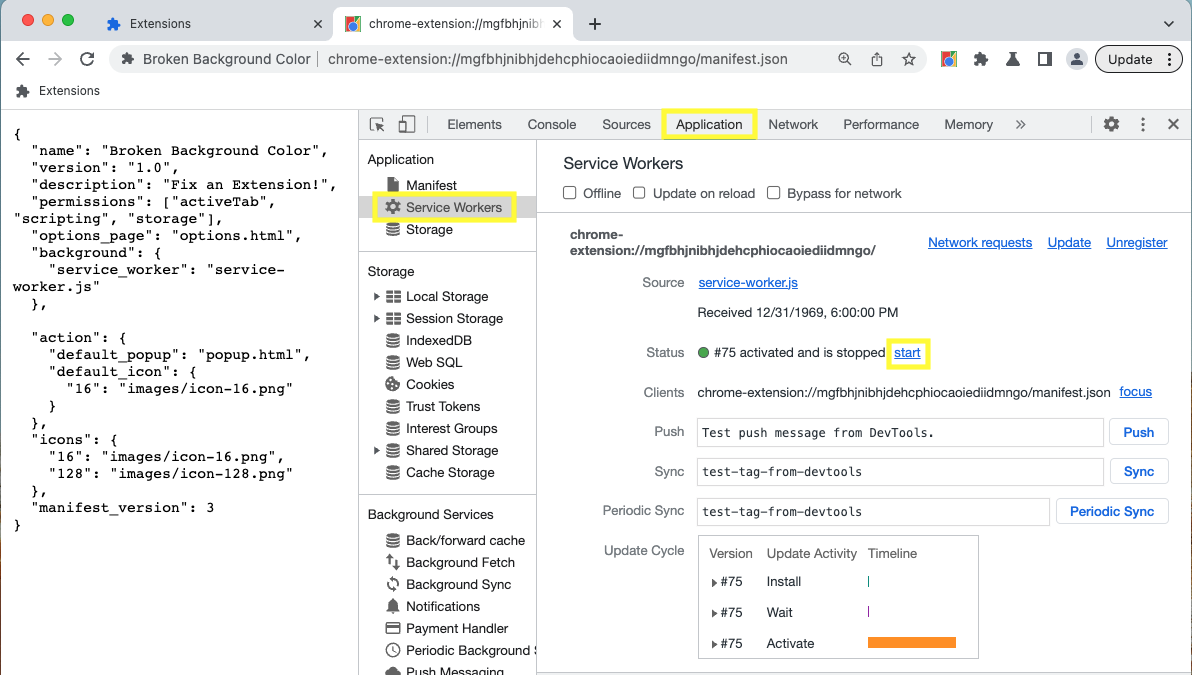 Service worker status in the Application panel