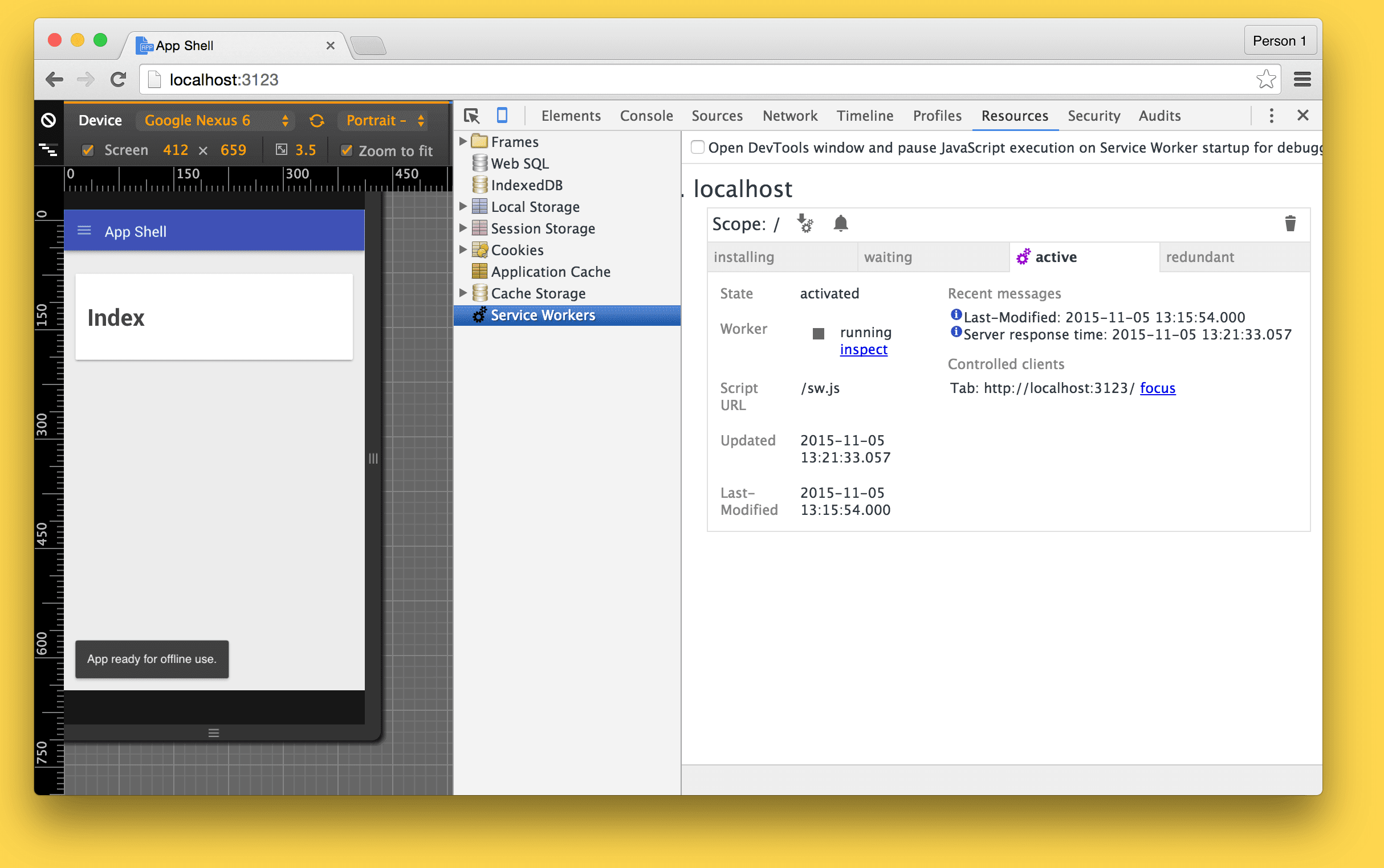 Imagem de um worker de serviço em execução no DevTools para o shell do aplicativo