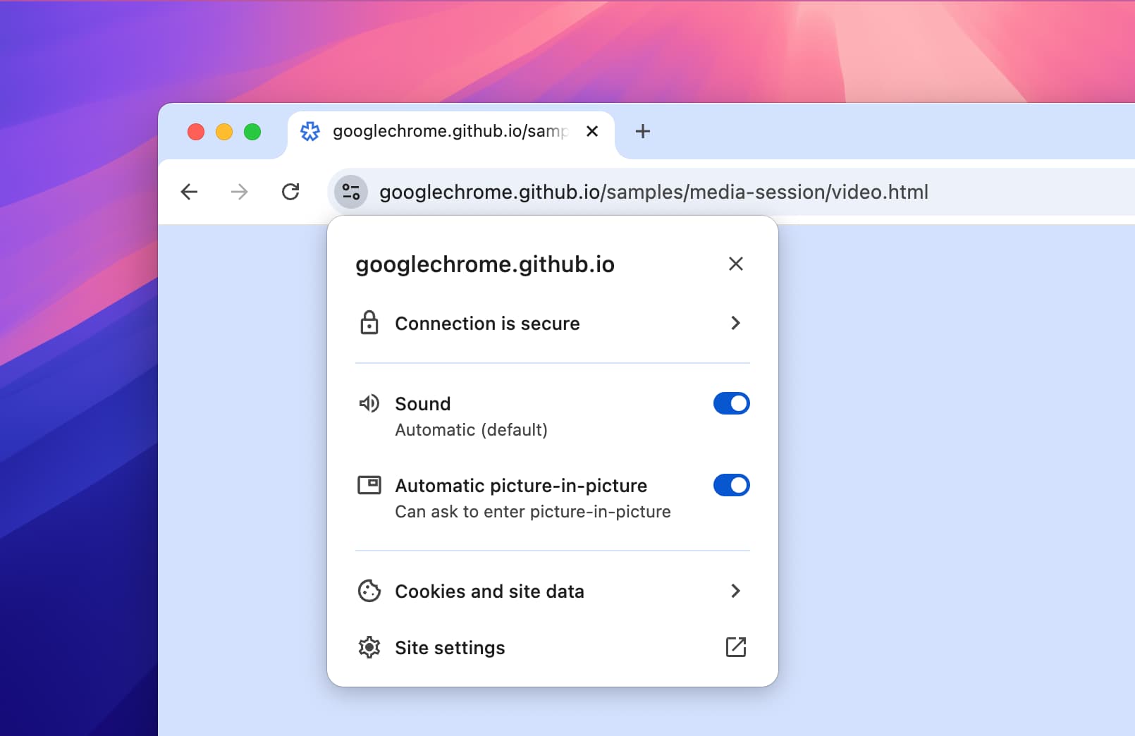 Automatyczne ustawienie obrazu w obrazie w panelu informacji o witrynie w przeglądarce Chrome.