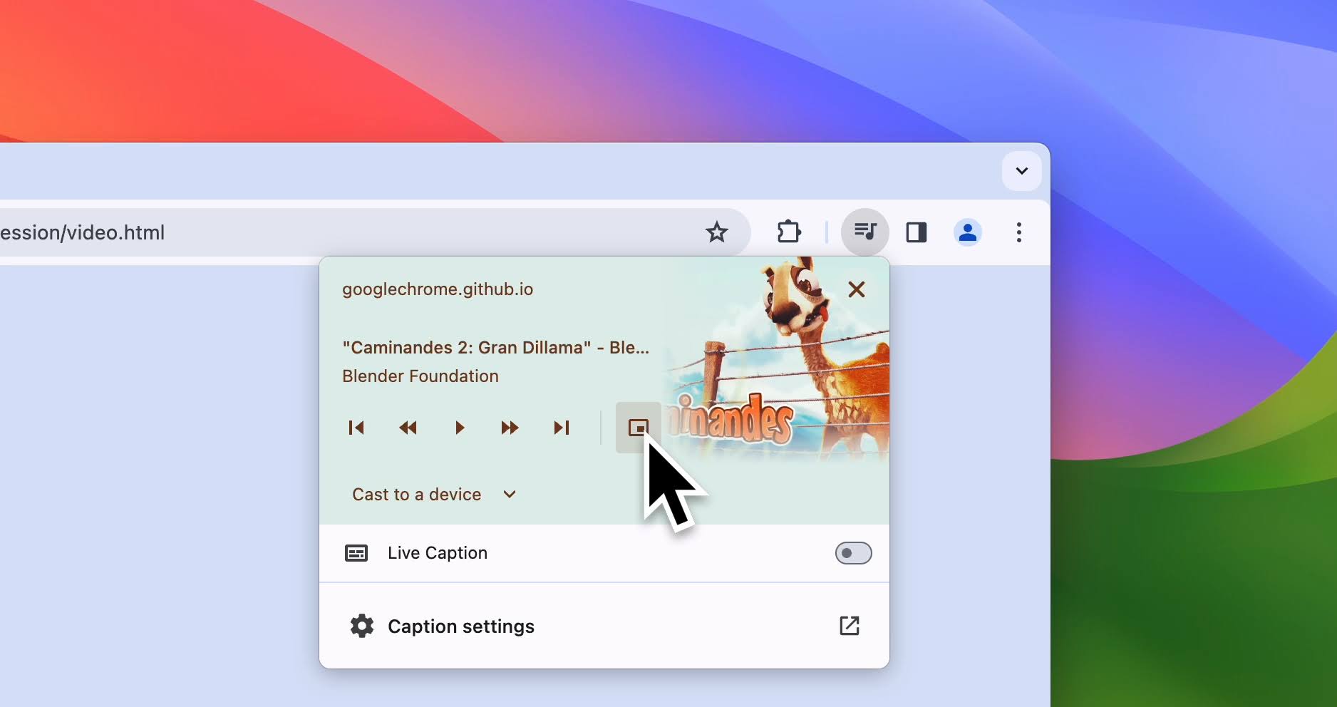 عنصر التحكّم في الوسائط في متصفّح Chrome، مع مؤشر الماوس على عنصر التحكّم الخاص بالمستخدم في وضع &quot;نافذة ضمن النافذة&quot;