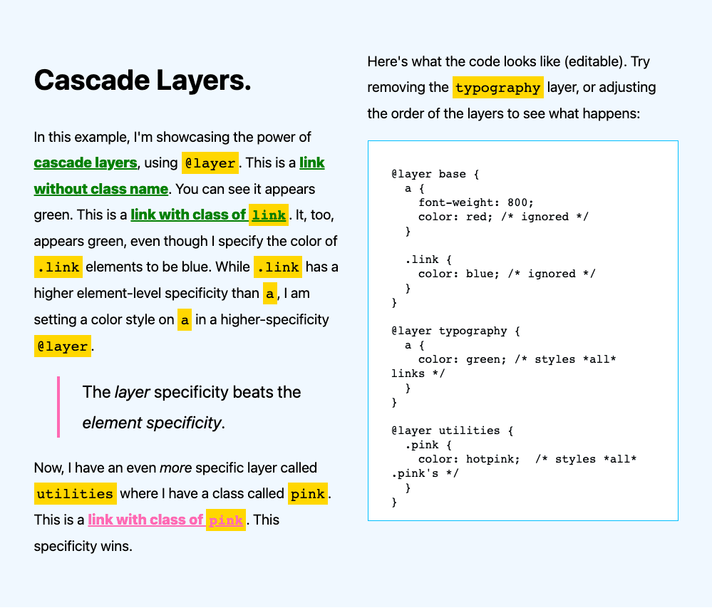 Demonstração mostrando as cores dos links com importações