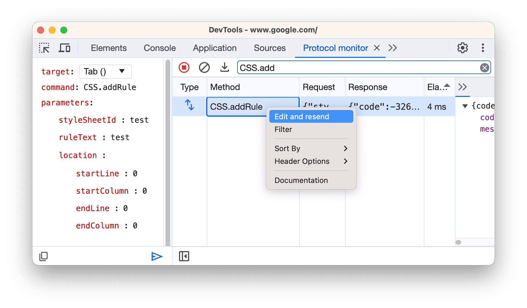 Menu drop-down perintah di petak data dengan opsi &#39;Edit dan kirim ulang&#39;.