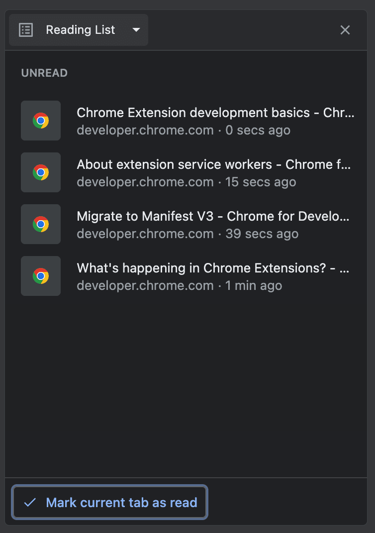 Uzantı dokümanı sayfalarını gösteren Chrome okuma listesi.