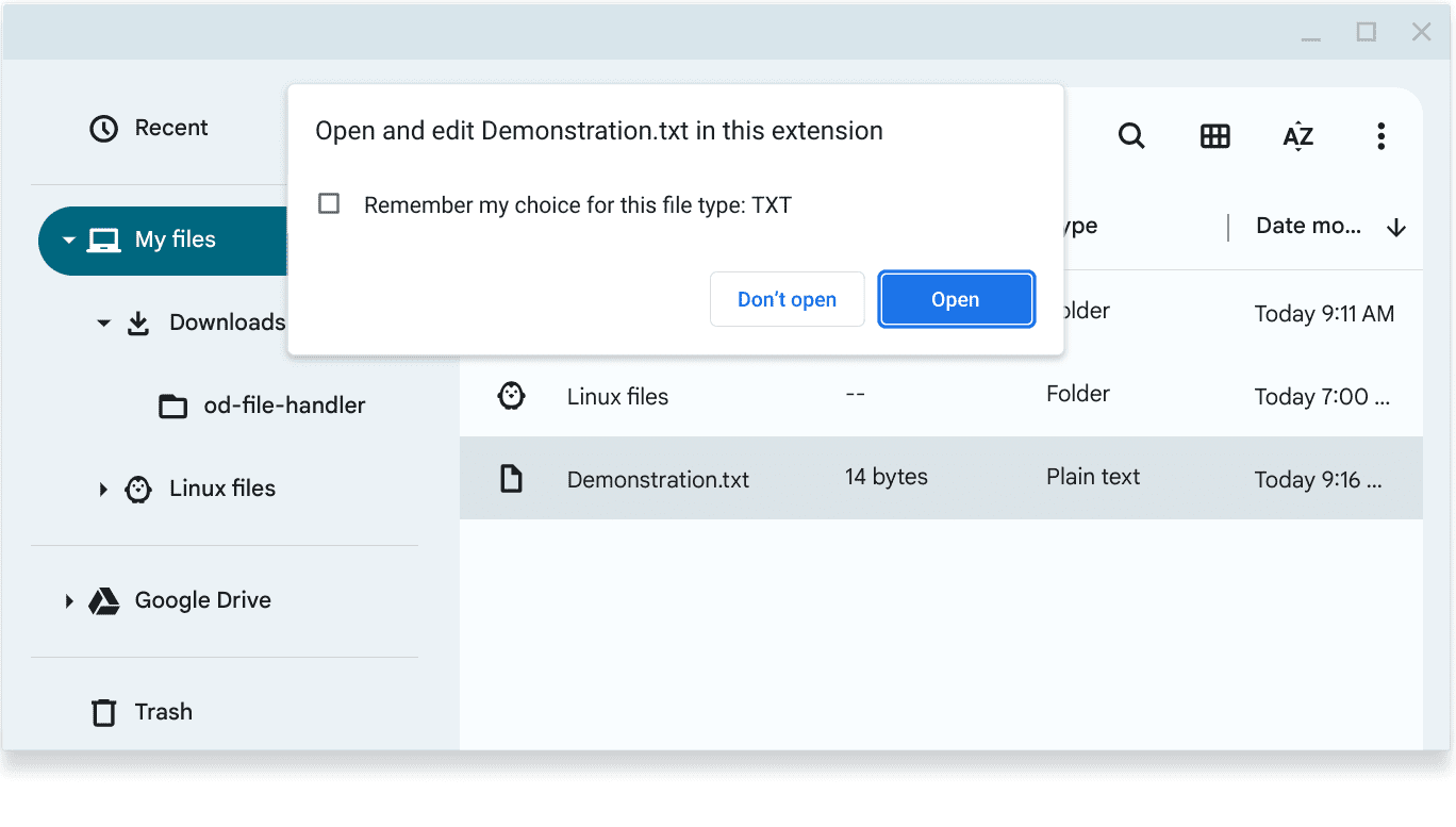 在 ChromeOS 上開啟檔案的螢幕截圖，其中顯示擴充功能對話方塊