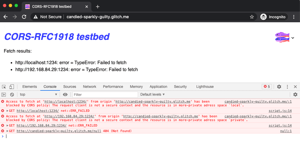 CORS-RFC1918 errors will be reported as CORS policy errors in the console.