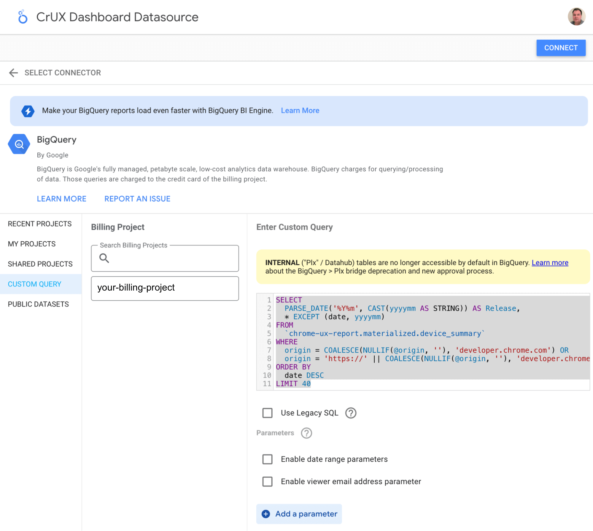 自定义查询 BigQuery 数据源允许使用 SQL 查询作为数据源。