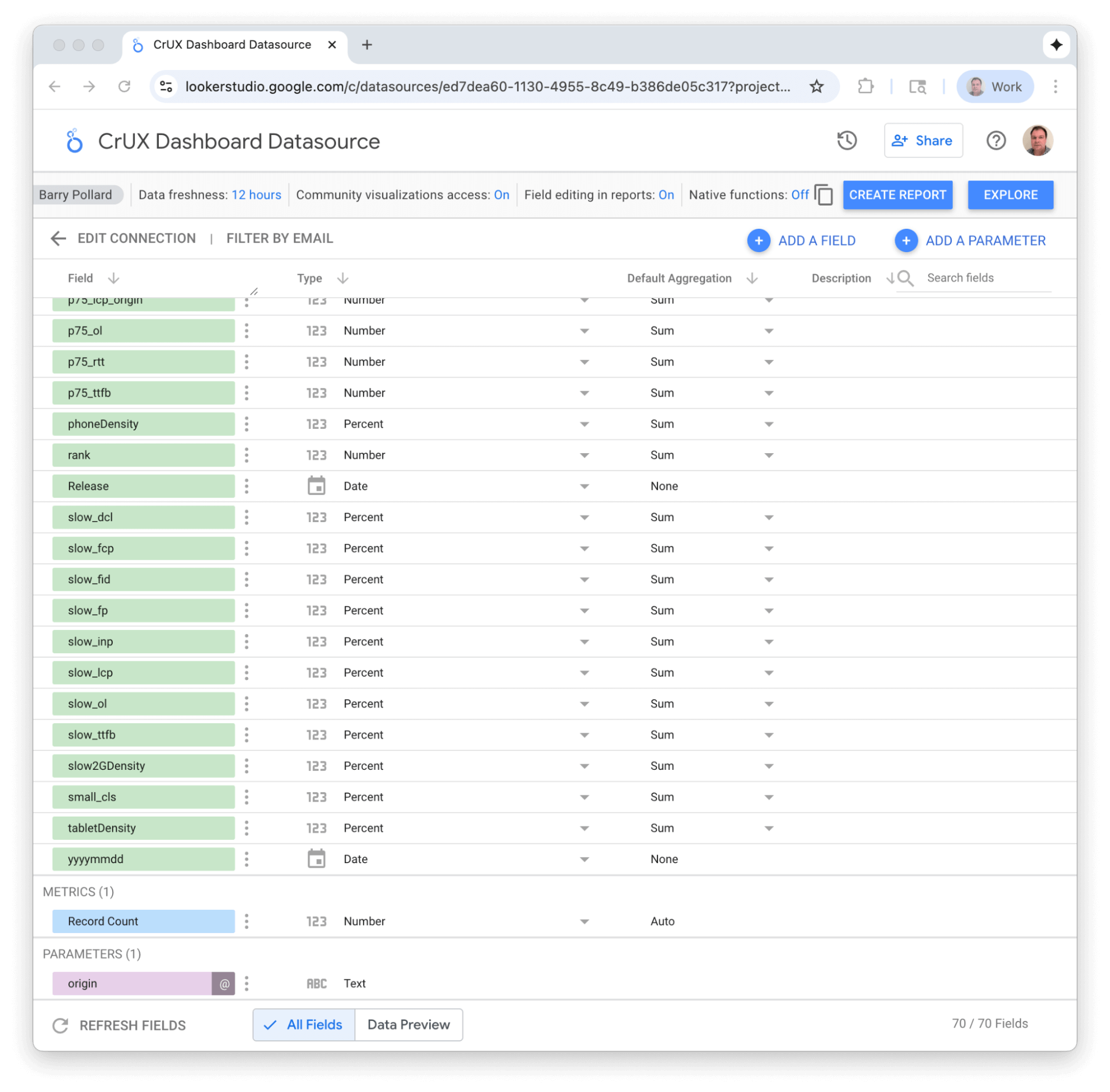 מסך ההגדרה של שדות מקור הנתונים, שבו אפשר להגדיר את סוגי הנתונים של כל שדה.