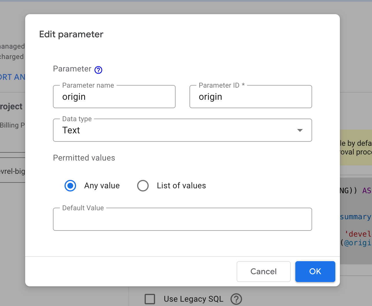 Boîte de dialogue du modèle vous permettant de définir le nom, l&#39;ID, le type de données et les valeurs autorisées des paramètres.