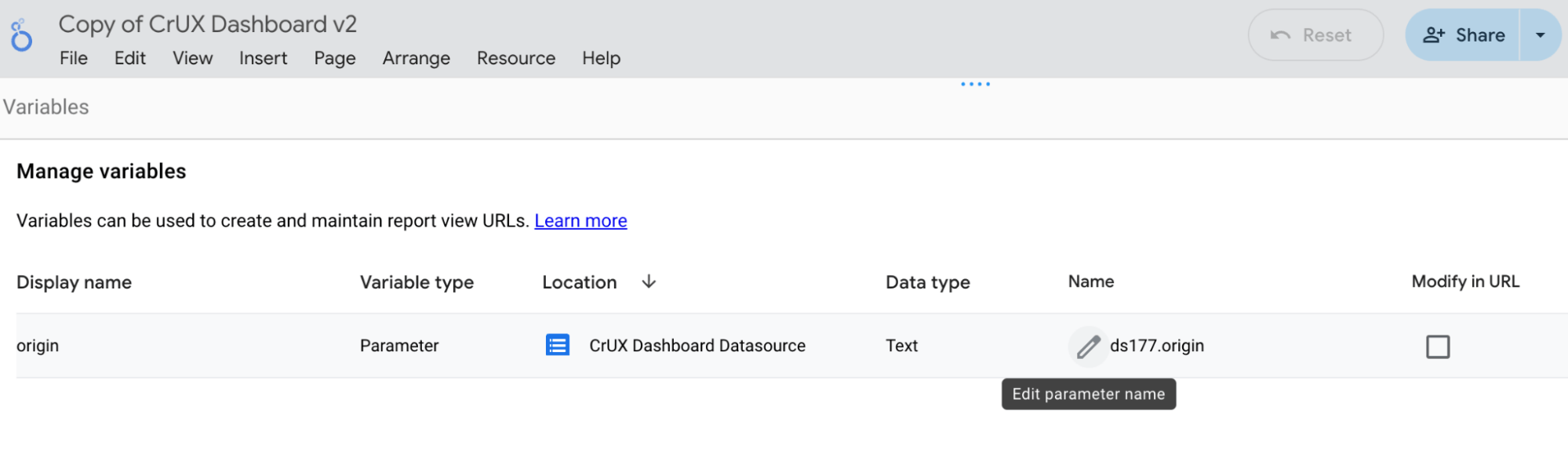 El ícono de lápiz se puede usar para editar el nombre del parámetro.