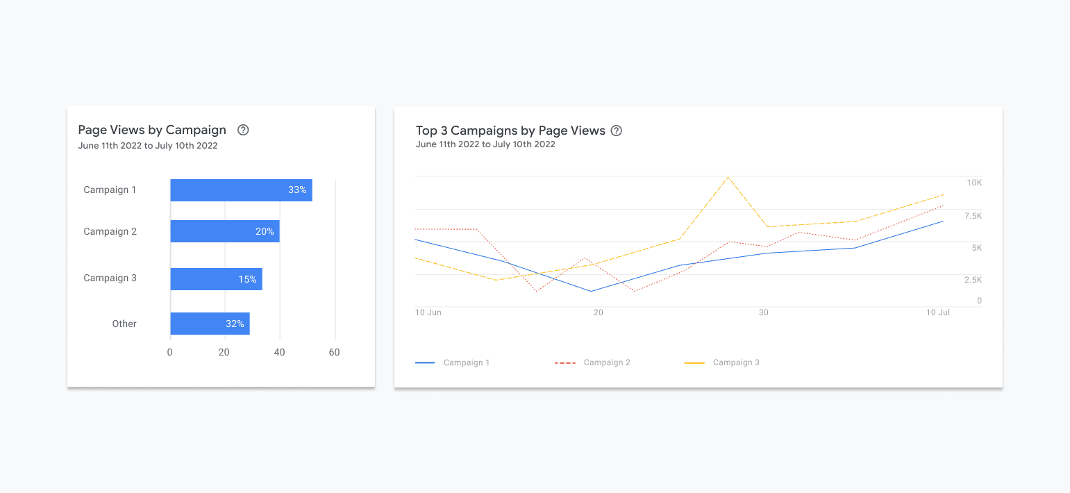 Two graphs appear next to each other in a row. The left graph is a horizontal bar graph labeled 'Page Views by Campaign'. The first three bars on this graph are labeled with the names of campaigns and the last is labeled 'Other'. The right graph is a line graph labeled 'Top 3 Campaigns by Page Views.'