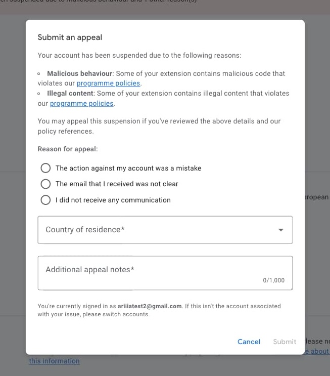 Chrome Web Mağazası Geliştirici Kontrol Paneli'ndeki yeni itiraz oluşturma iletişim kutusunu gösteren ekran görüntüsü.
