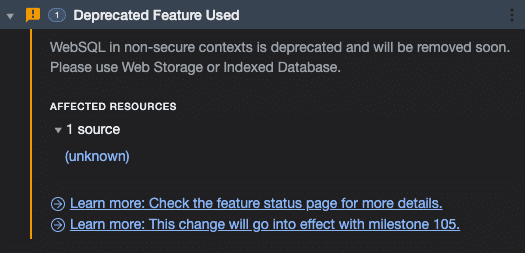 Riquadro Problemi di Chrome DevTools con un avviso che indica che Web SQL in contesti non sicuri è deprecato.