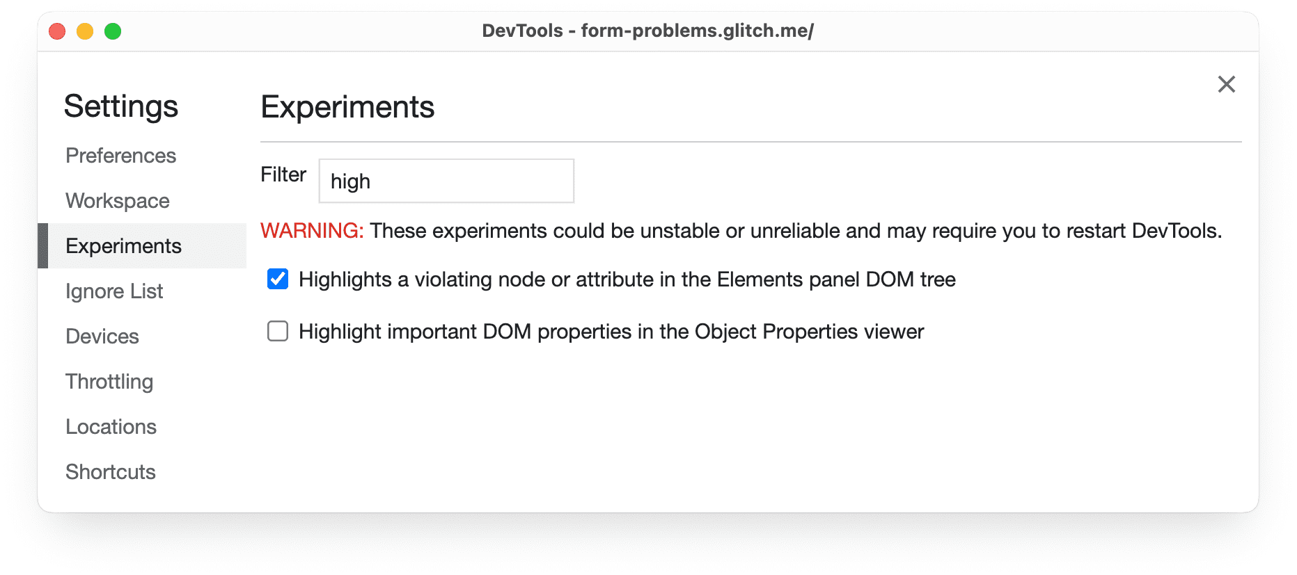 Halaman setelan Chrome DevTools, yang menampilkan &#39;Menyoroti node yang melanggar ...&#39;