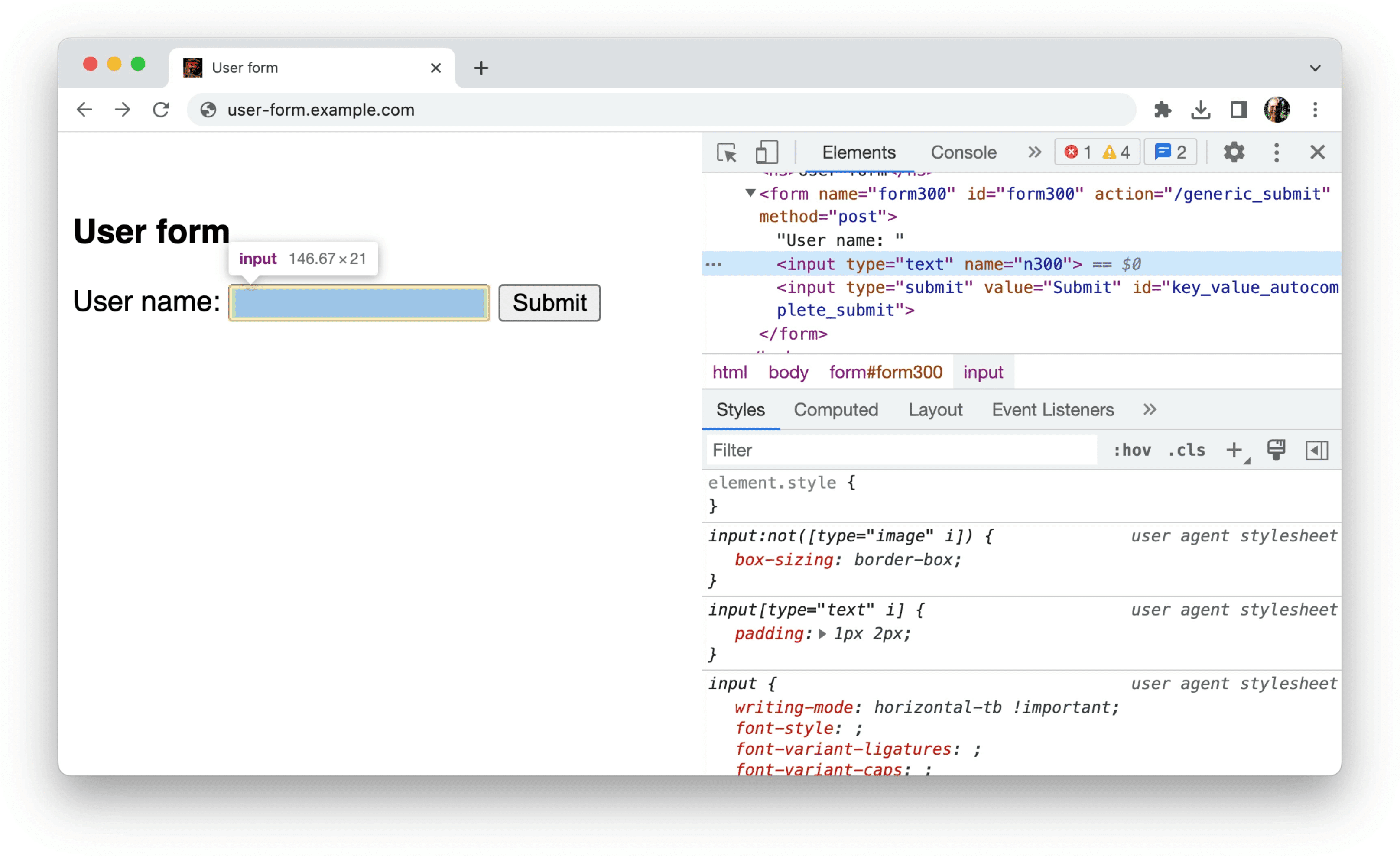 Önceki örnekte gösterildiği gibi, bir formdaki yapılandırılmamış verilerle ilgili bilgileri gösteren Chrome DevTools: Yalnızca type=text ve name=n300 özelliklerine sahip tek bir giriş.