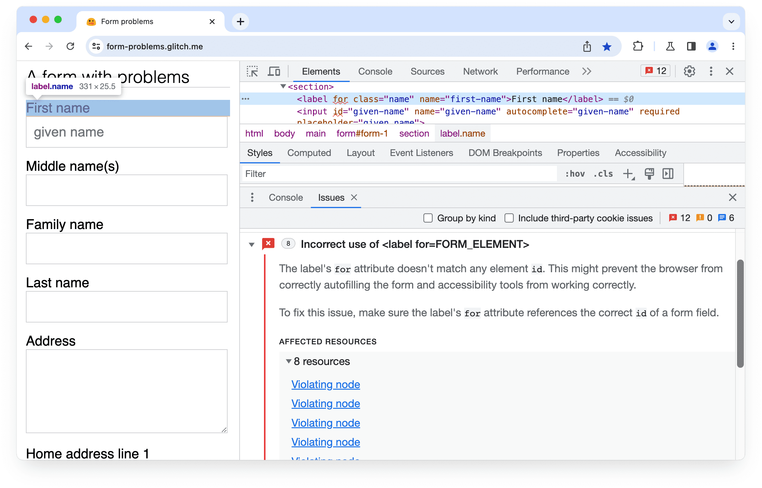 Chrome Geliştirici Araçları&#39;nda genişletilmiş sorun: Özellik için etiketin yanlış kullanımı.