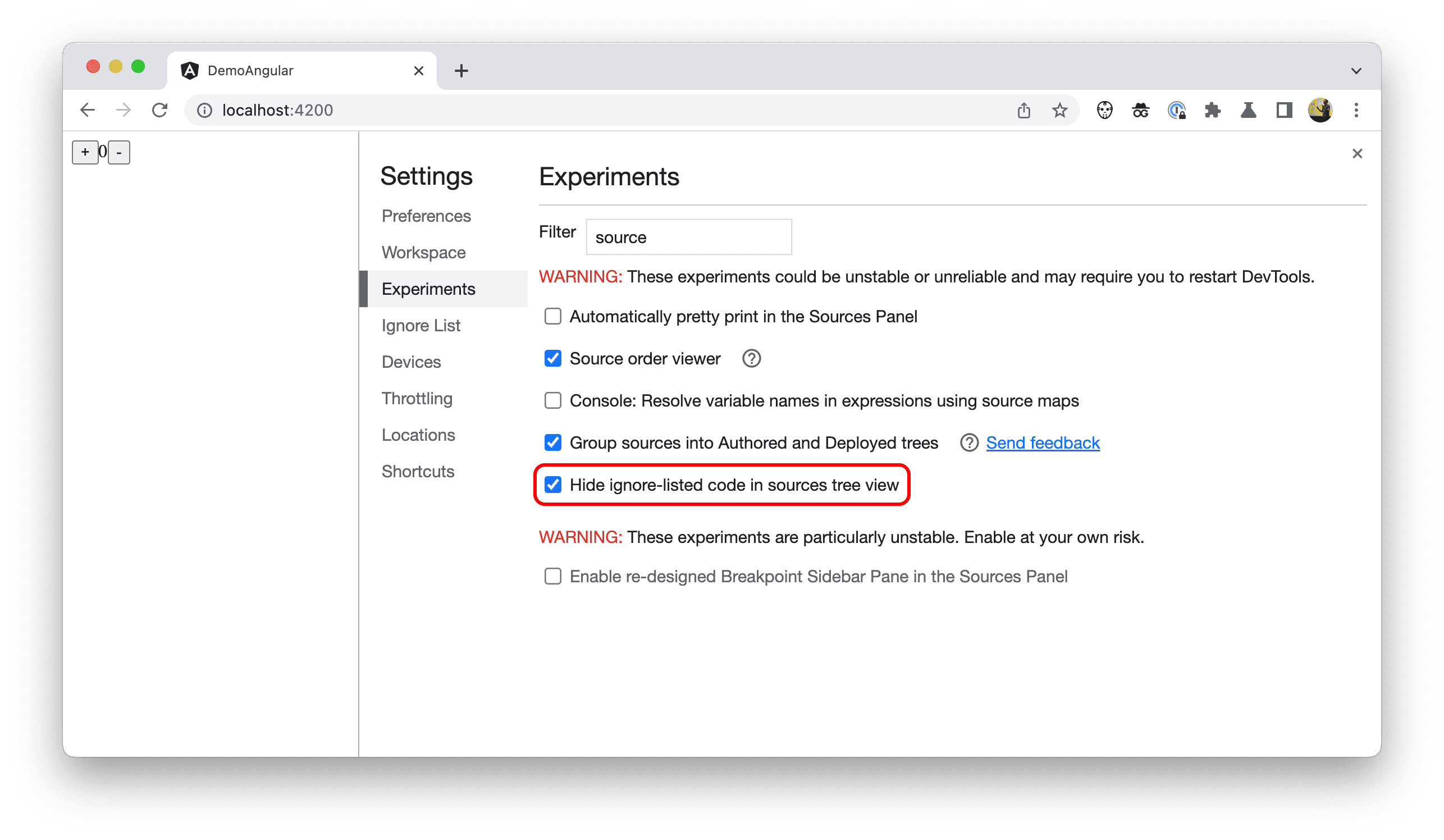 Captura de tela das configurações das Ferramentas para desenvolvedores.