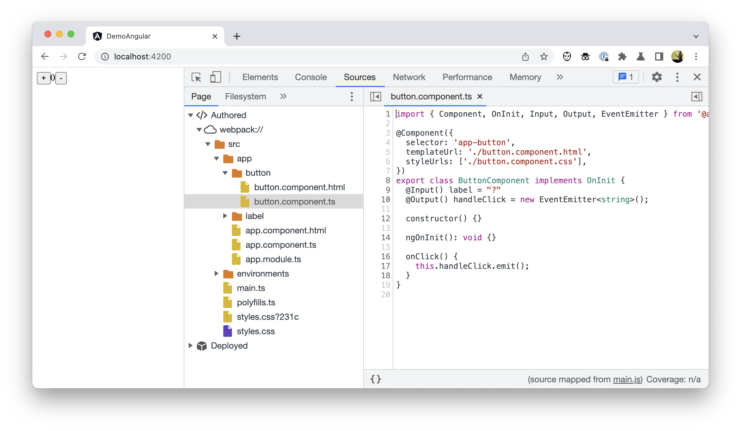 Chrome DevTools のファイルツリーのスクリーンショット。作成されたコードは表示されていますが、node_modules は表示されていません。