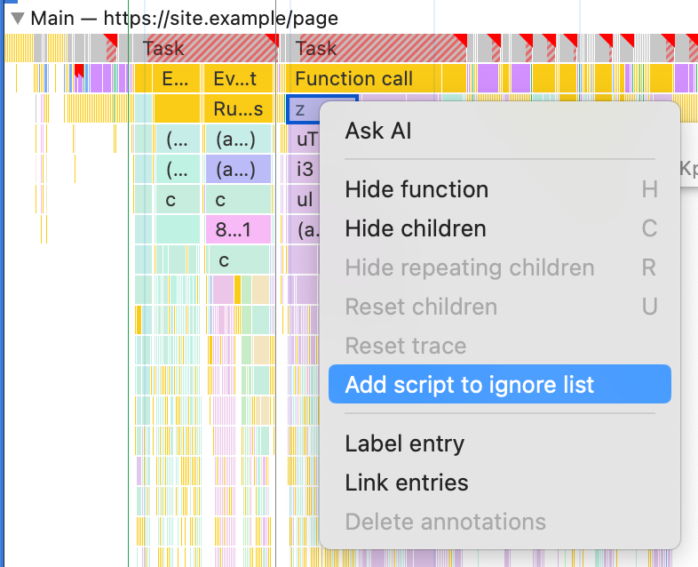 תפריט הלחיצה הימנית על רשומה בחלונית 'ביצועים', כאשר האפשרות 'הוספת סקריפט לרשימת קטעי הקוד להתעלמות' מודגשת