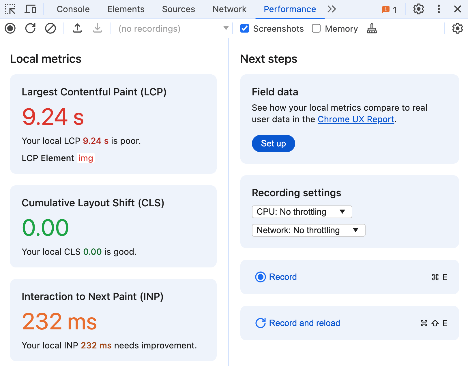 Local Core Web Vitals metrics