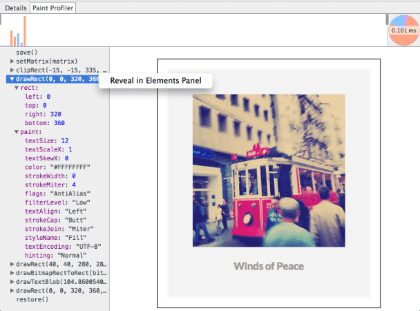 Relating native browser draw calls to DOM elements using the Paint Profiler.