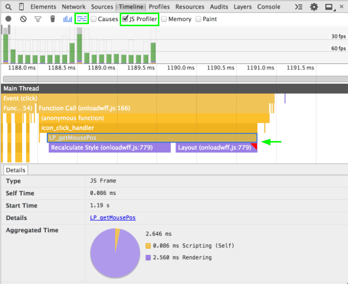 استخدام خيار التسجيل في JS Profiler وعرض مخطّط Flame Chart للتحقيق في تسلسلات استدعاء الدوال البرمجية في &quot;المخطّط الزمني&quot;
