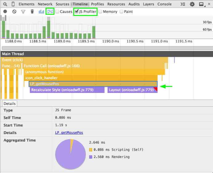 JS Profiler のキャプチャ オプションとフレームグラフビューを使用して、[Timeline] でコールスタックを調査します。