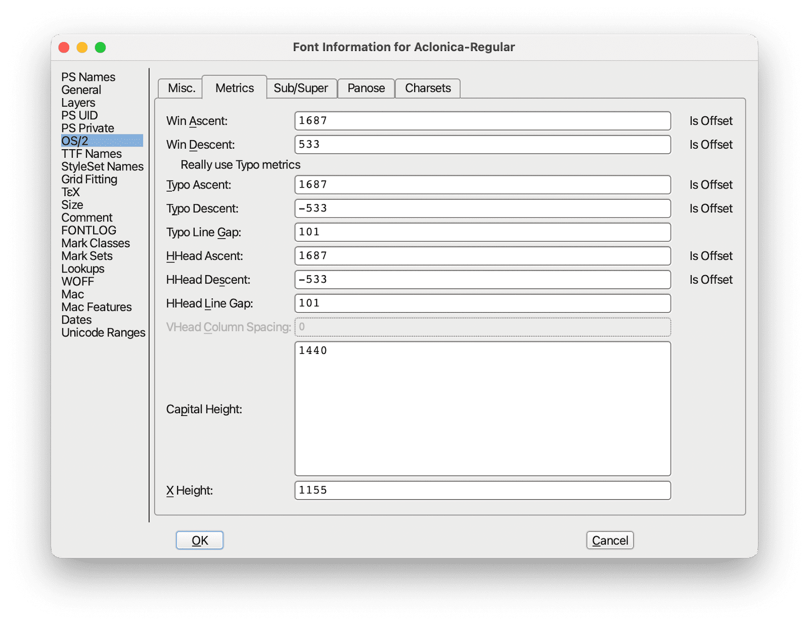 Ảnh chụp màn hình hộp thoại Font Information (Thông tin phông chữ) trong FontForge. Hộp thoại này hiển thị các chỉ số phông chữ như &quot;Typo Ascent&quot; (Độ cao của kiểu chữ), &quot;Typo Descent&quot; (Độ thấp của kiểu chữ) và &quot;Typo Line Gap&quot; (Khoảng cách giữa các dòng kiểu chữ).