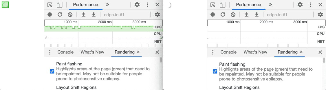 لوحة الأداء مع تفعيل ميزة &quot;وميض الطلاء&quot;