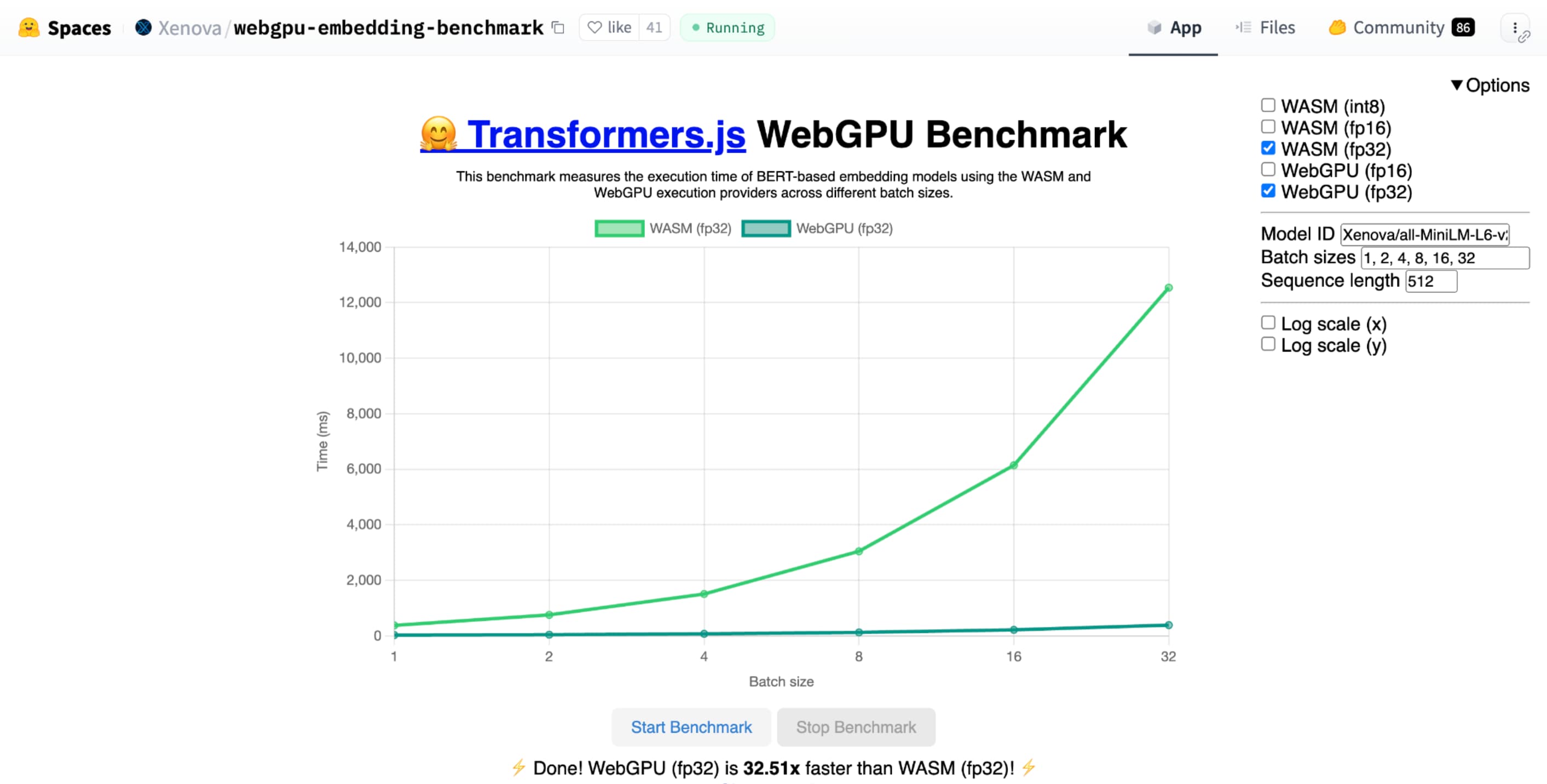 Capture d&#39;écran du benchmark WebGPU pour l&#39;embedding de texte