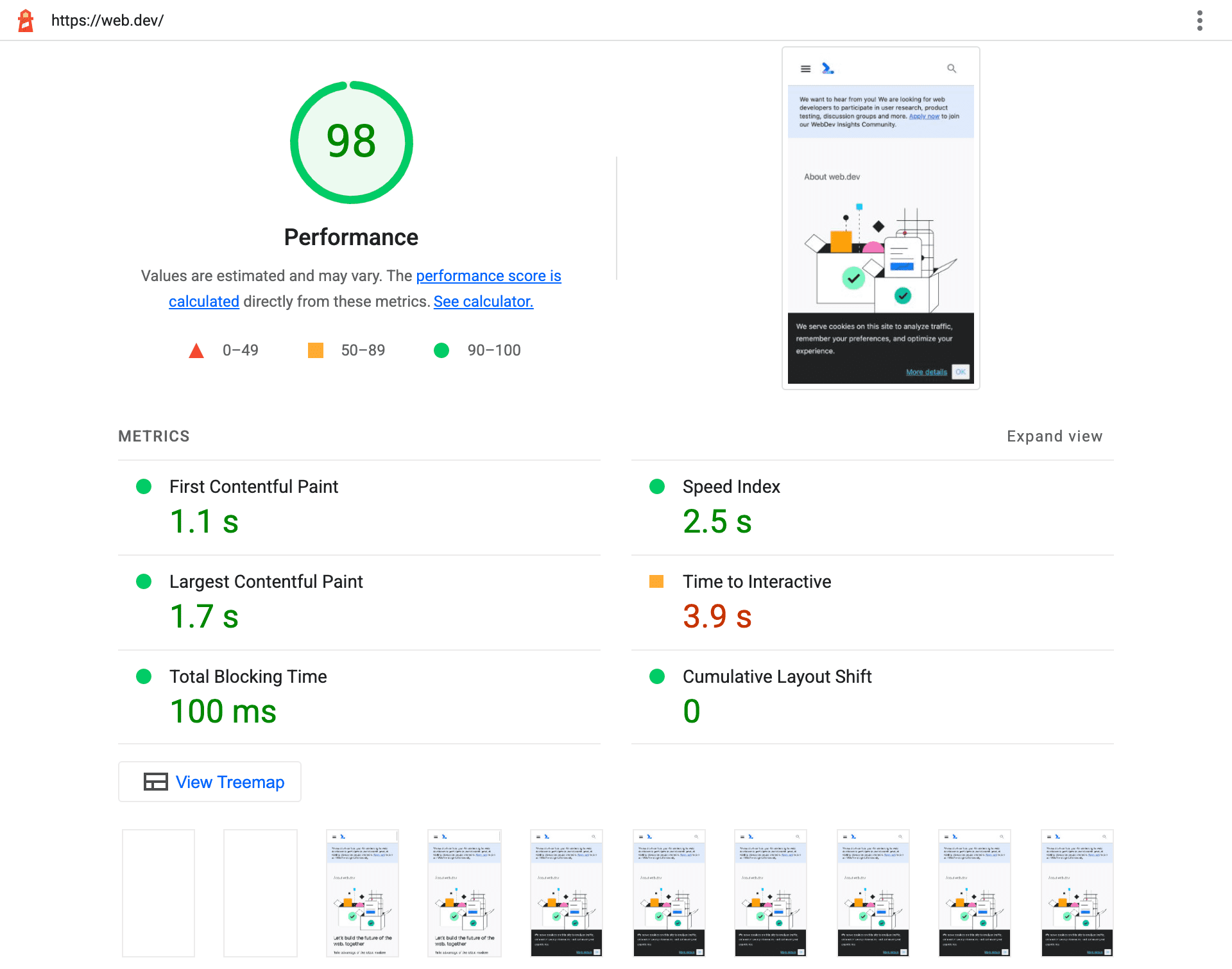 Отчет Lighthouse 9.0, в котором ключевые показатели производительности перечислены более наглядно и в отчет о производительности встроен снимок экрана окончательного вида страницы.