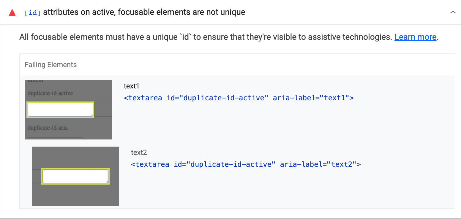 Una auditoría de Lighthouse para &quot;Todos los elementos enfocables deben tener un &quot;id&quot; único&quot;, que muestra dos elementos, ambos con el mismo &quot;id&quot;