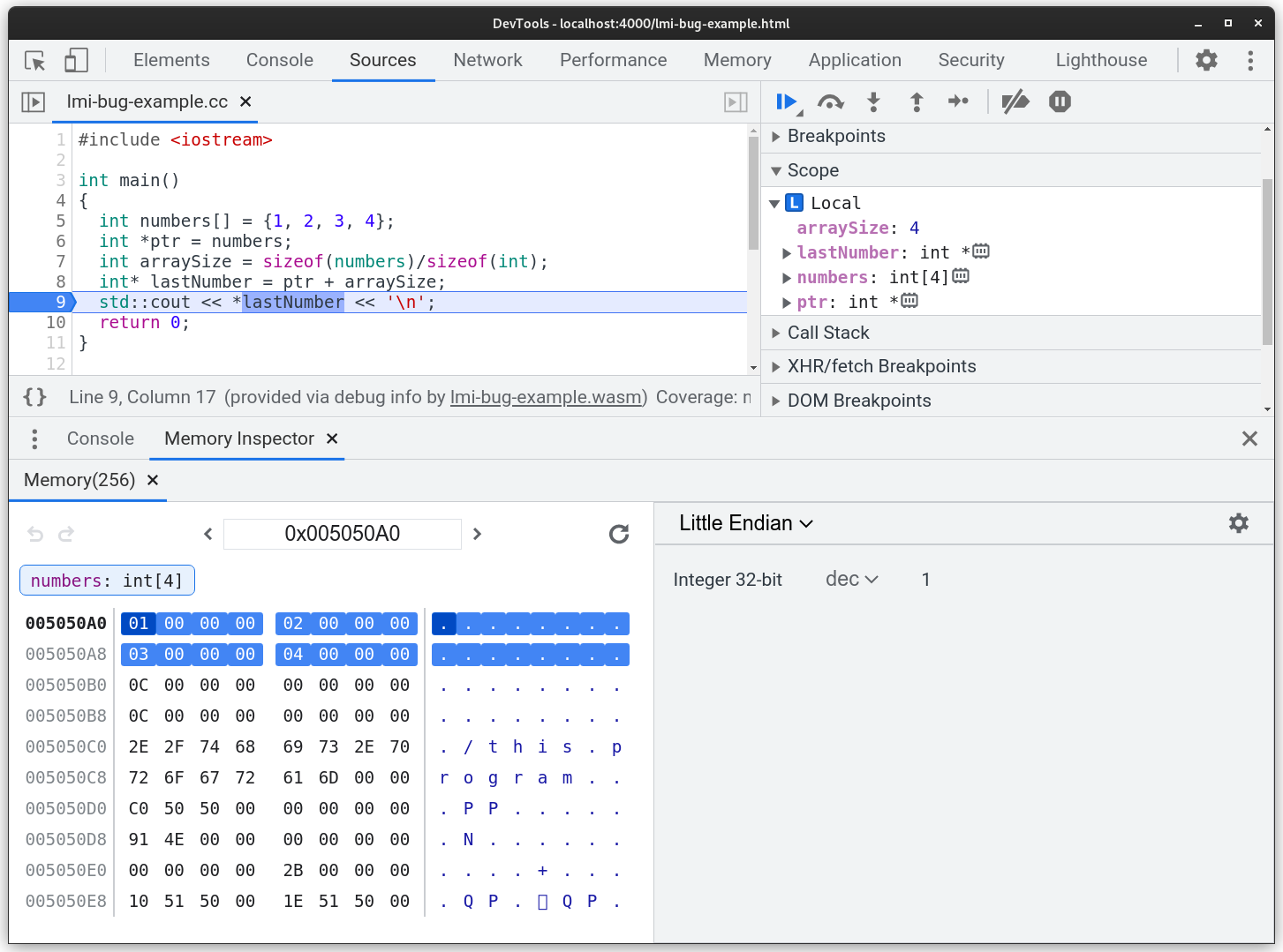 Screenshot del controllo della memoria aperto con un array int32 ispezionato. Tutti gli elementi dell&#39;array sono evidenziati.