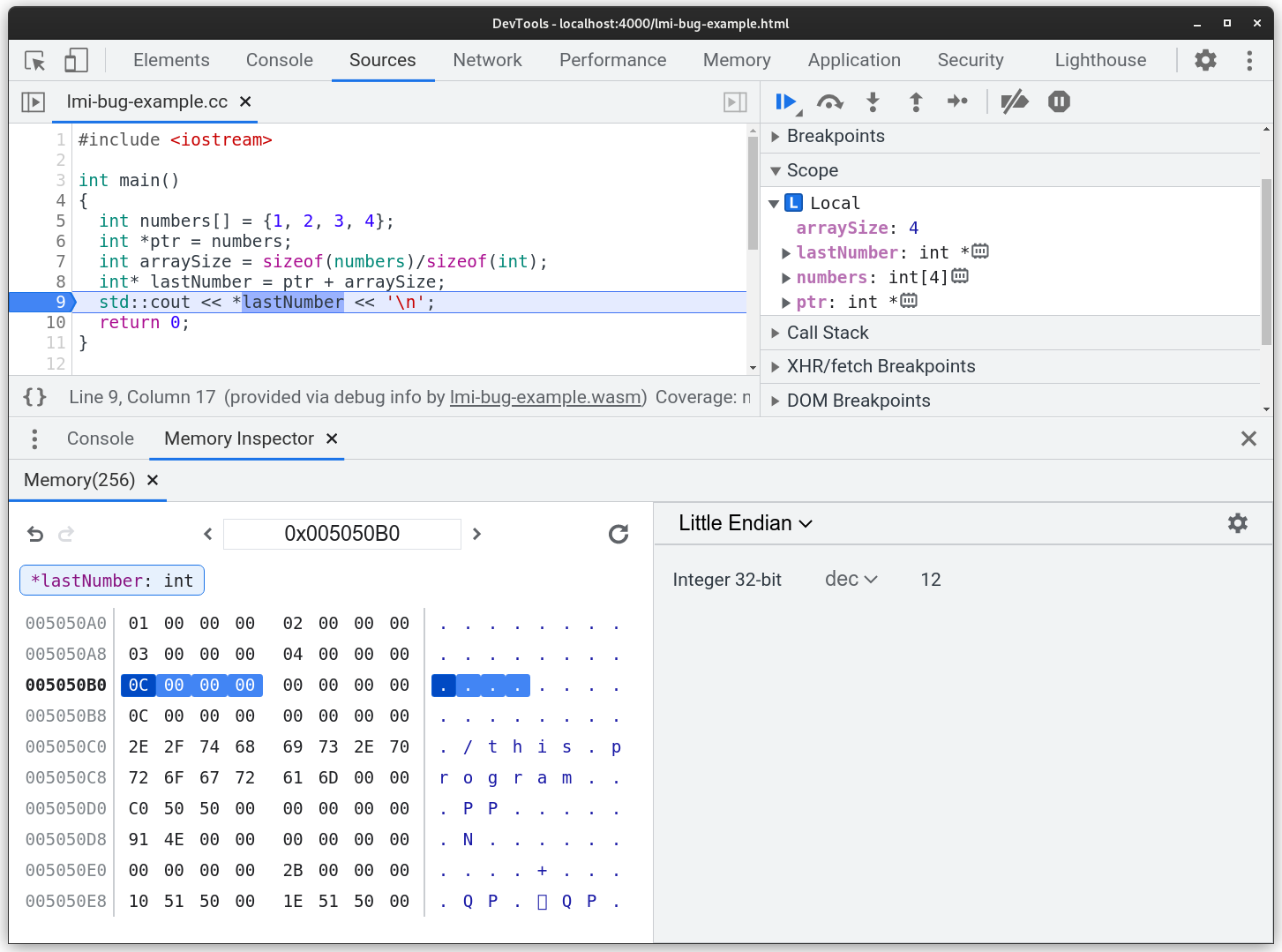 Screenshot of opened memory inspector showing highlighted memory pointed to by a pointer named ‘lastNumber’. The highlighted memory lies right after the last byte of the previously highlighted array.