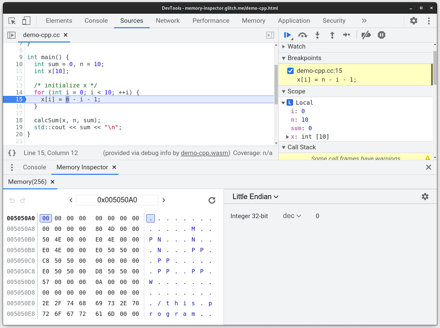 Screenshot dell&#39;ispezione della memoria originale con un singolo byte evidenziato