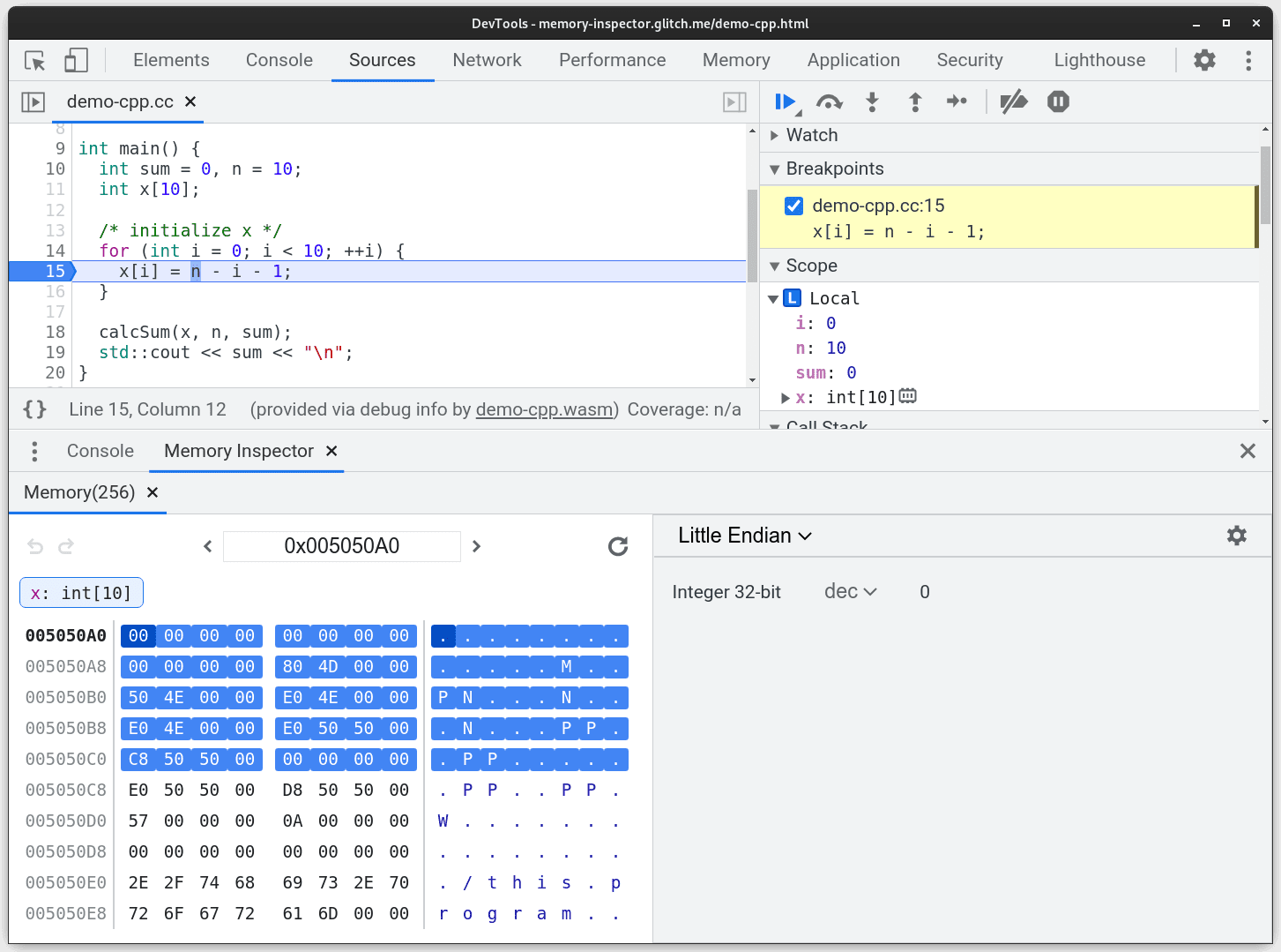 Screenshot dell&#39;ispettore della memoria aggiornato con un array evidenziato in modo vivace