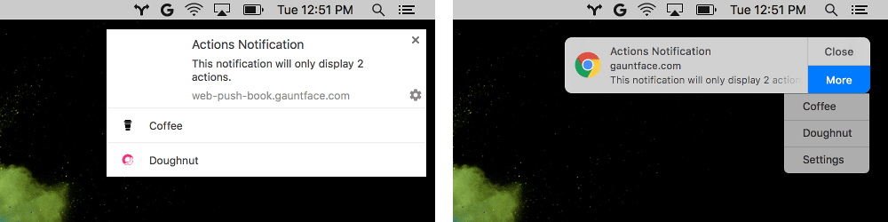 Trước và sau khi các nút hành động trong thông báo có biểu tượng hiển thị bằng Chrome so với hiển thị bằng macOS.