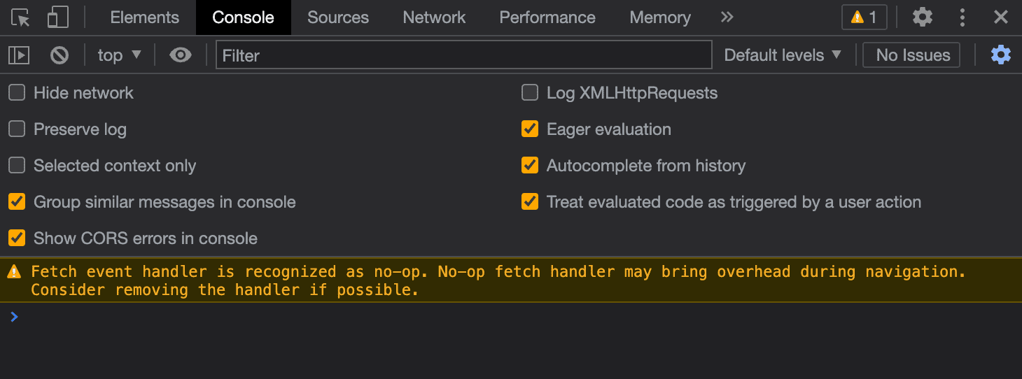 빈 서비스 워커 가져오기 핸들러에 관한 DevTools의 경고