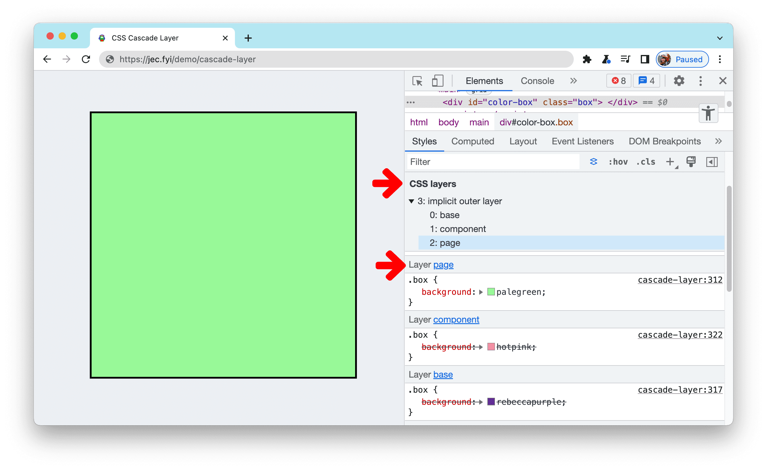 View cascade layers in the Styles pane