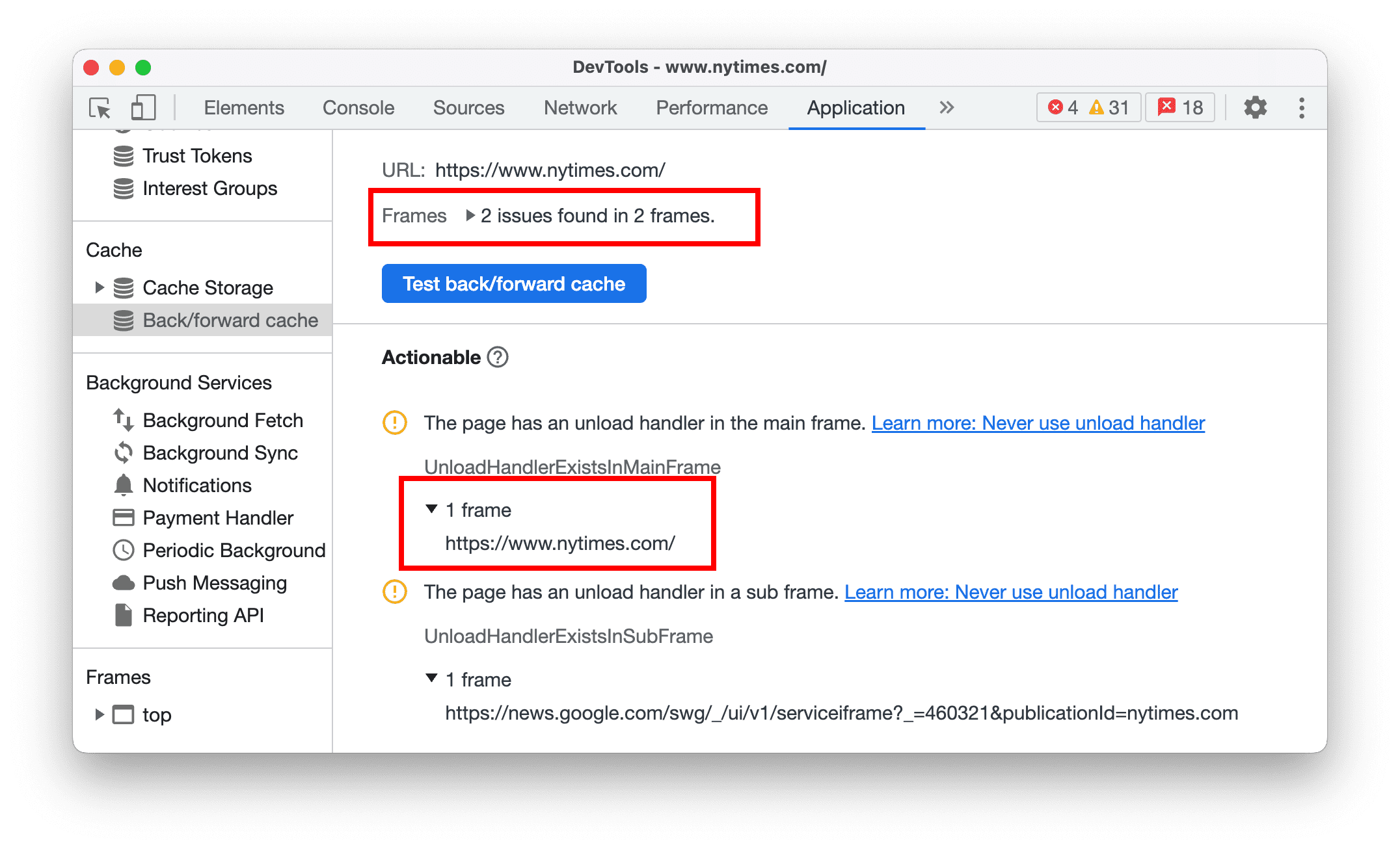 在「Back/Forward Cache」窗格中找出阻斷畫面