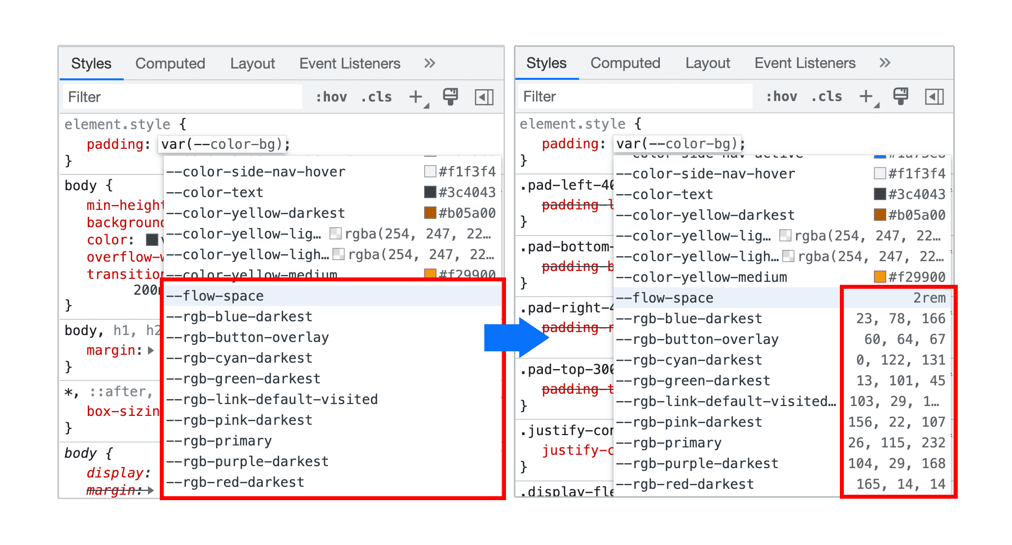 معاينة قيمة غير مرتبطة بالألوان عند إكمال متغيّرات CSS تلقائيًا