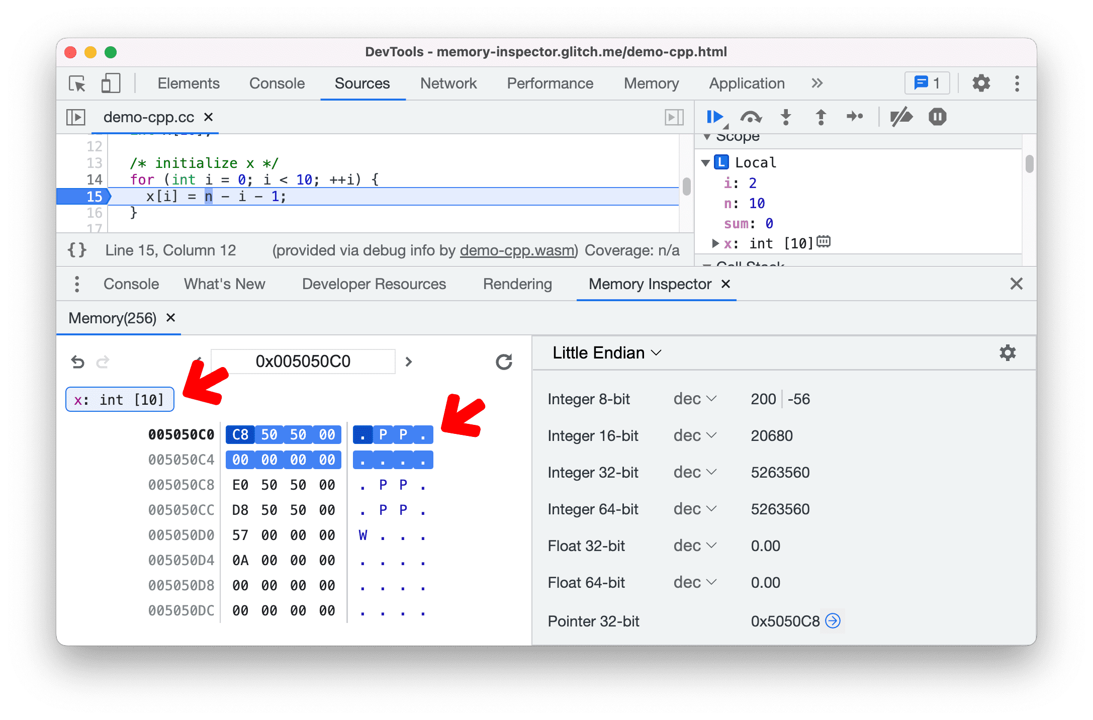 تمييز عناصر C/C++ في &quot;أداة فحص الذاكرة&quot;