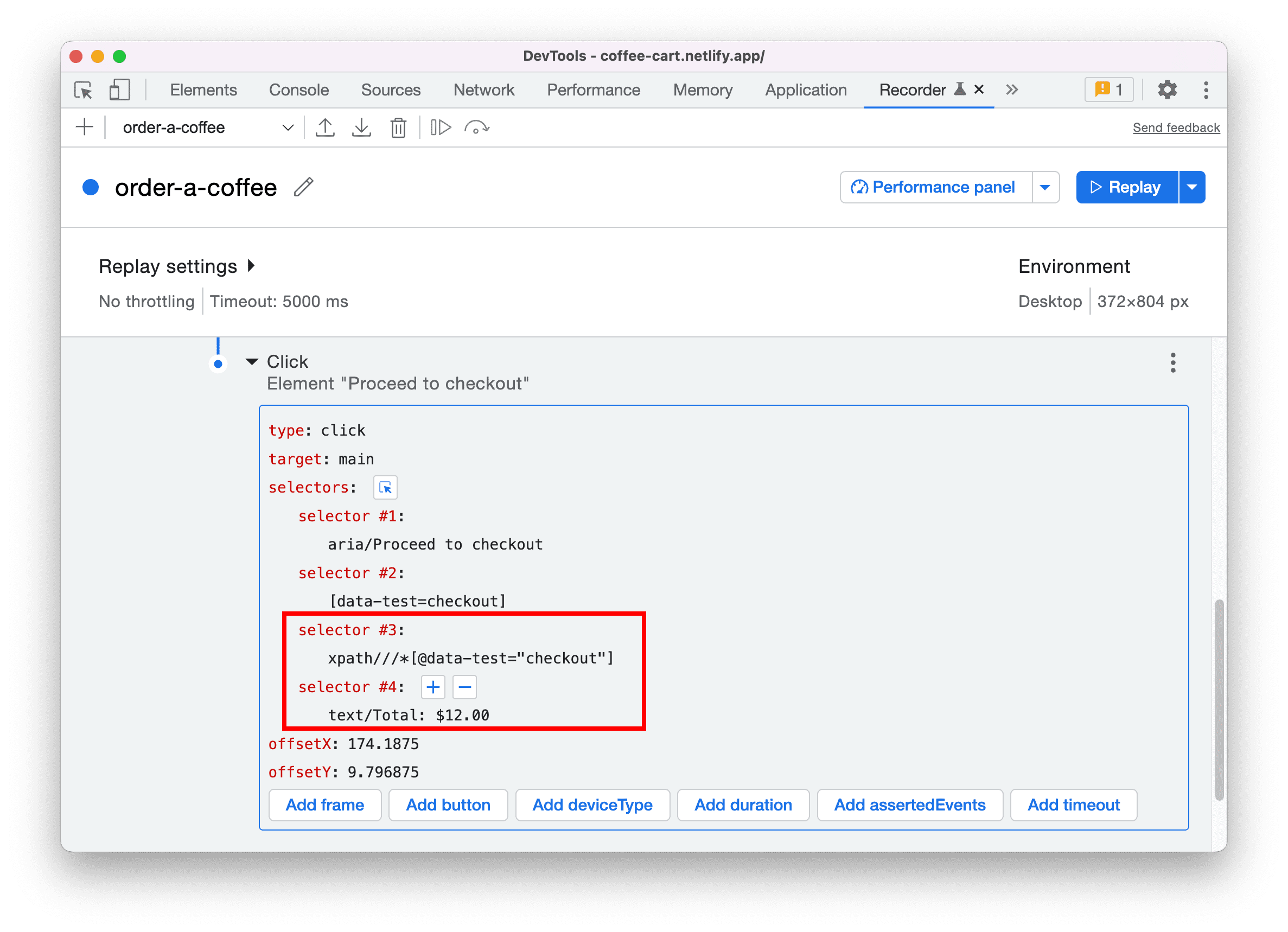 Pemilih XPath dan teks di panel Perekam.