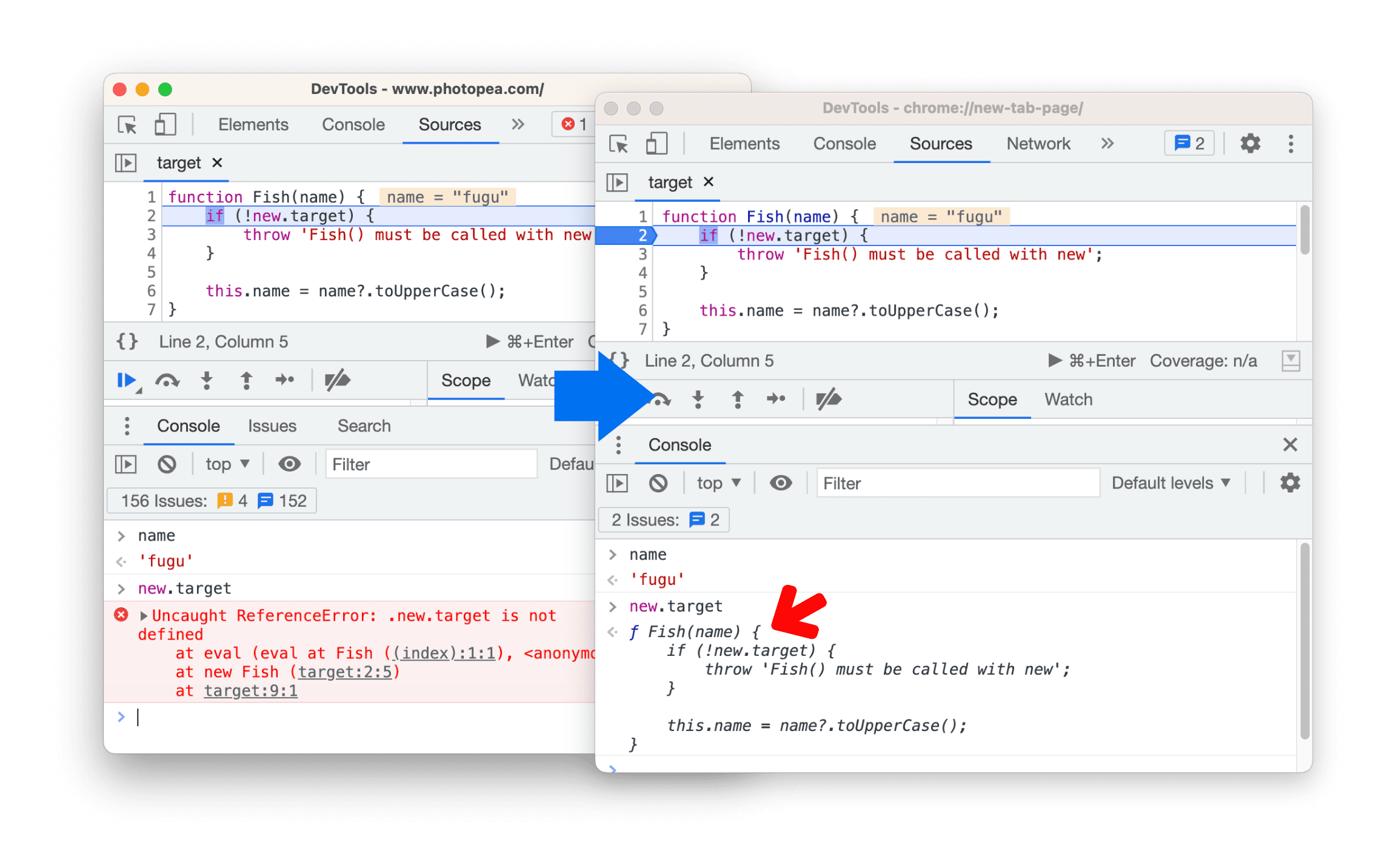 Menampilkan perbandingan sebelum dan sesudah proses debug evaluasi new.target.