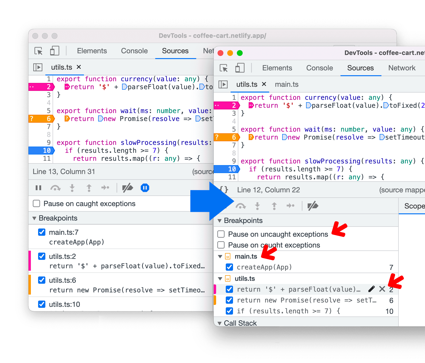 نمایش پنجره Breakpoint قبل و بعد از طراحی مجدد.