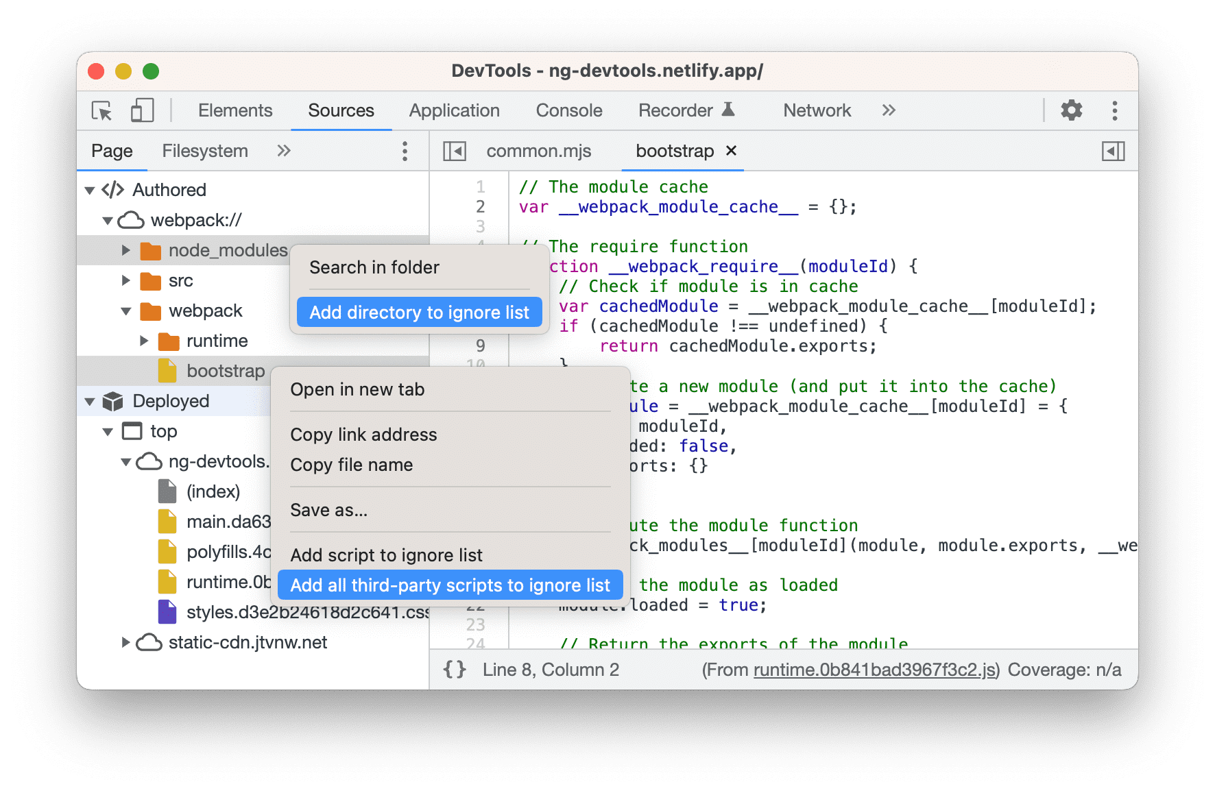 Menu contestuali di una cartella e di uno script con opzioni relative all&#39;ignoramento.