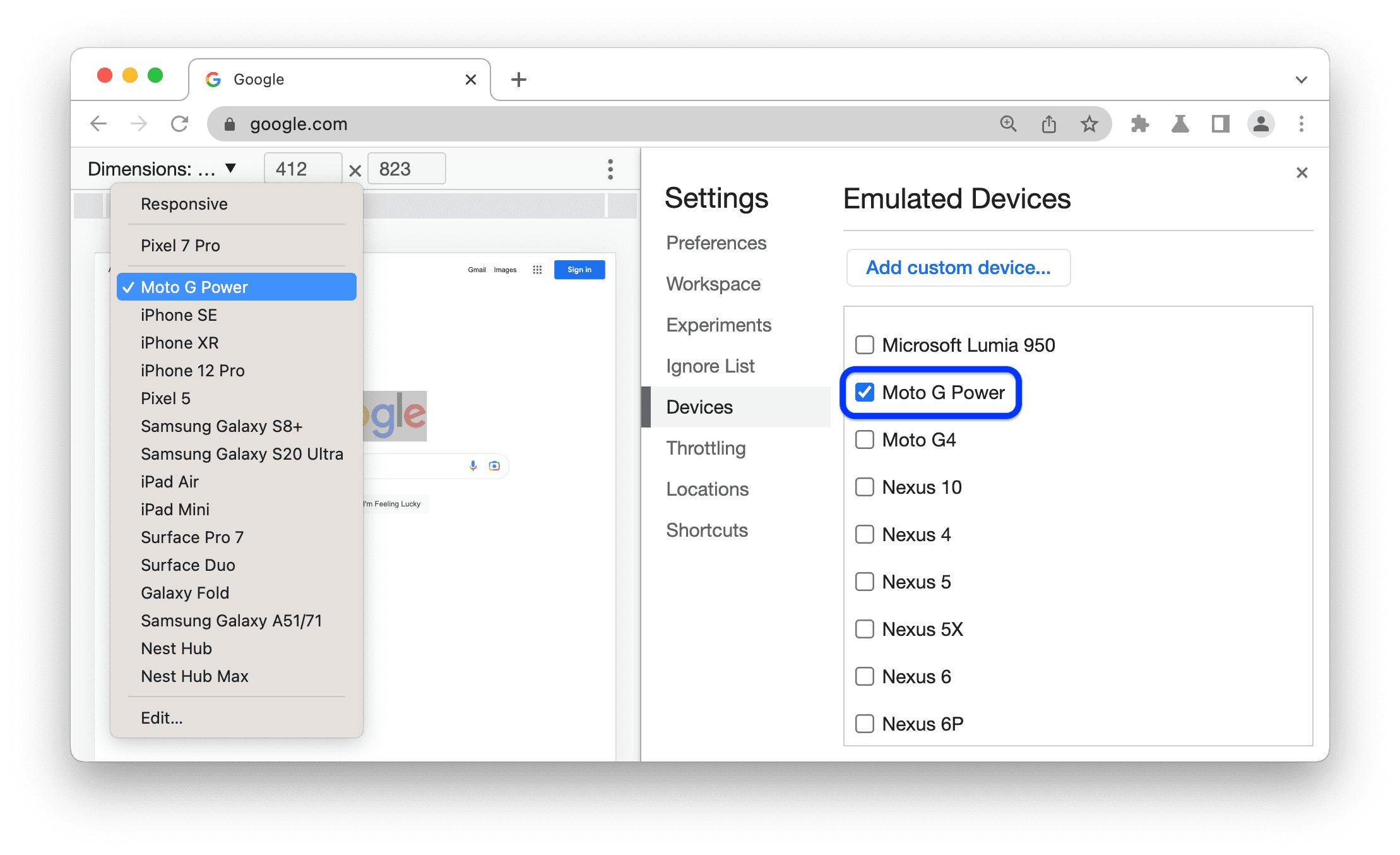 موتو جی پاور در فهرست دستگاهها.