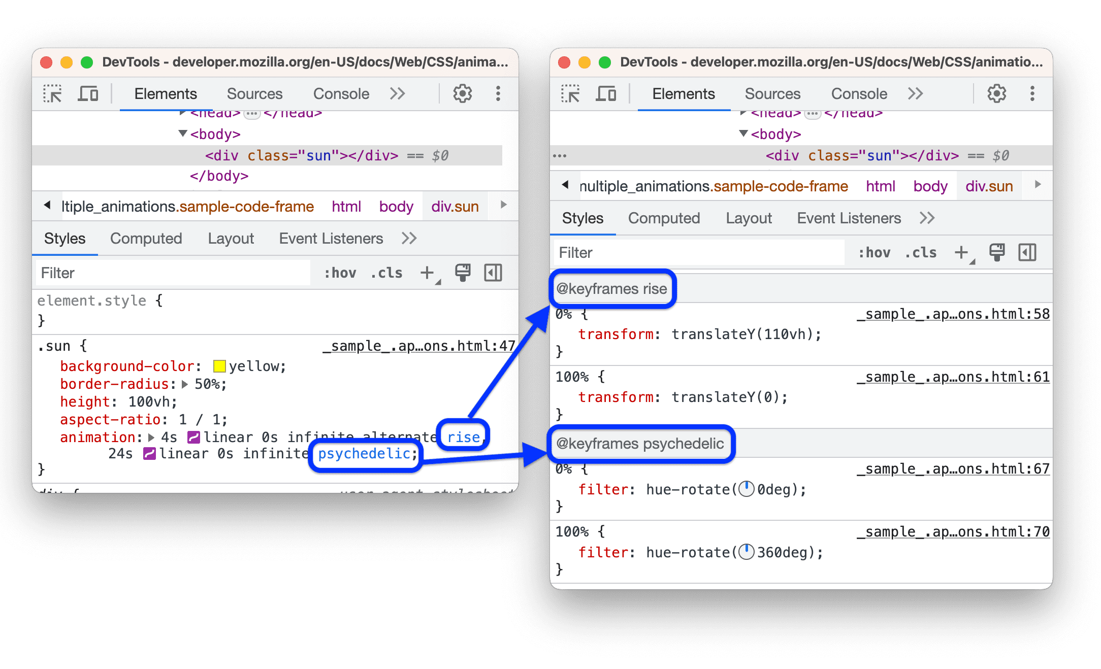 Links to key frames in the animation shorthand property.