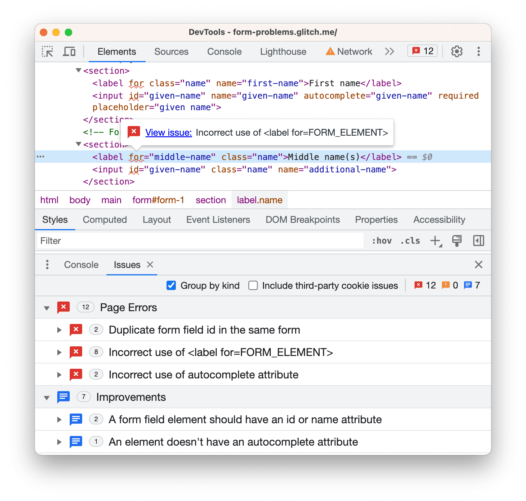 자동 완성 문제는 Elements 패널에 강조 표시되고 Issues 패널에서 보고됩니다.