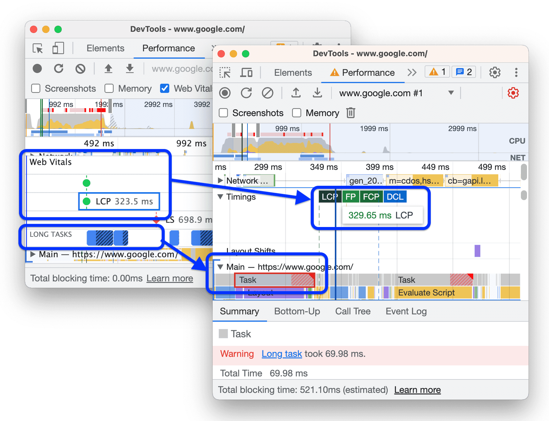 Avant et après le transfert des Web Vitals vers la piste &quot;Timings&quot;.