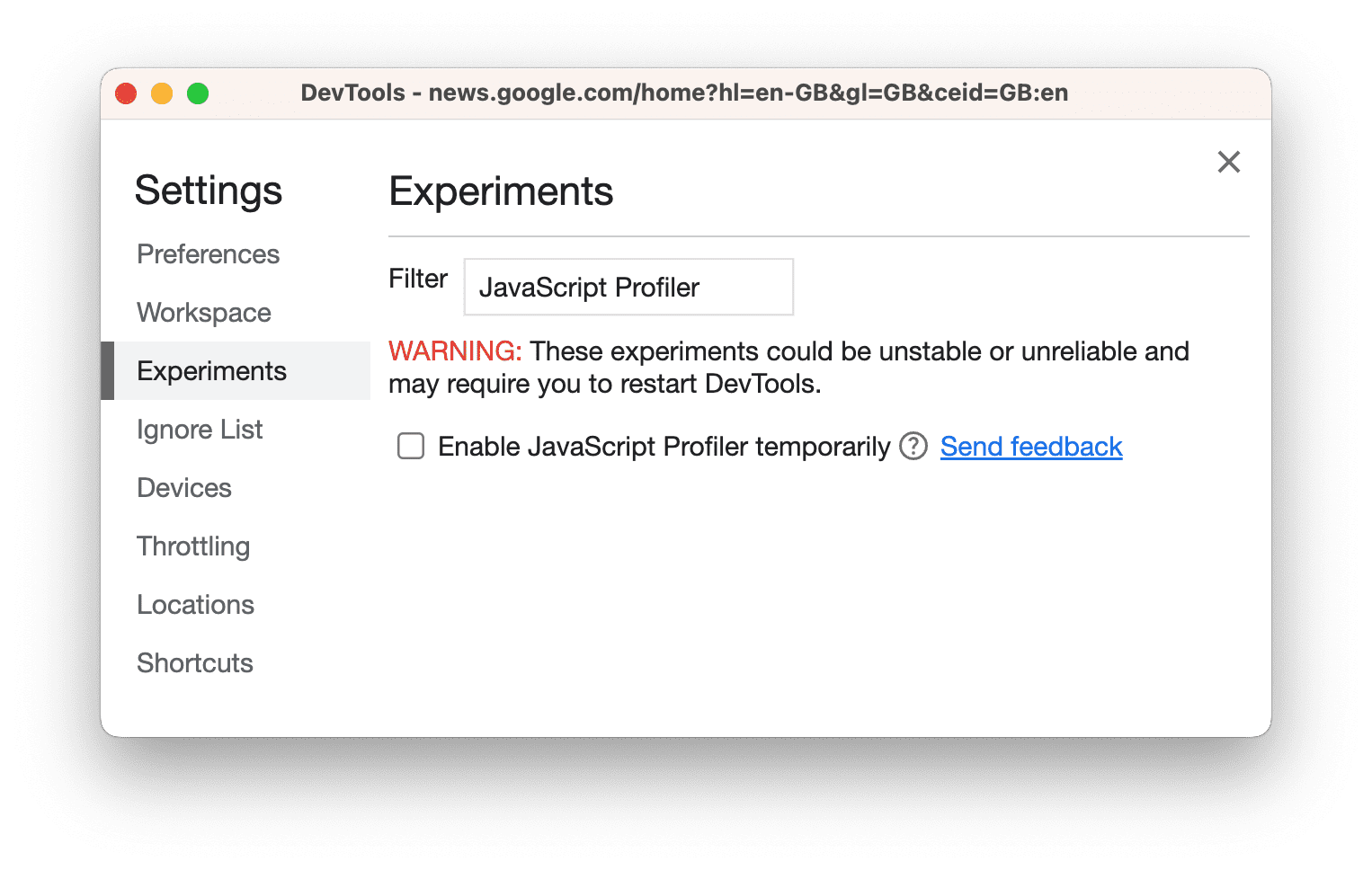 依序前往「設定」和「實驗」，然後勾選「JavaScript 分析器」核取方塊。